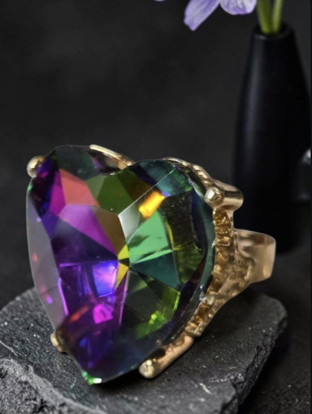 Huge Oversized & Fun Watermelon Volcano Aurora Borealis AB Crystal Heart Ring